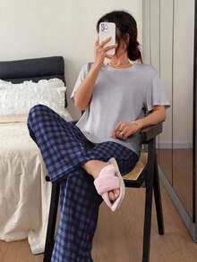 Napfluff Cotton-Like Solid Color Short Sleeve Top & Puff Wrinkle Plaid Print Long Pants Pajama Set - Multicolor - View 4