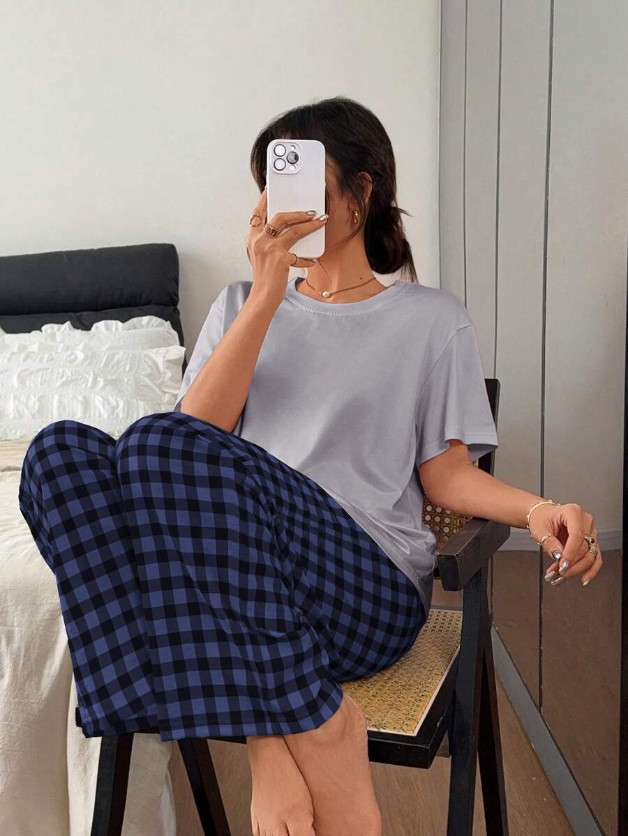 Napfluff Cotton-Like Solid Color Short Sleeve Top & Puff Wrinkle Plaid Print Long Pants Pajama Set - Multicolor - View 1
