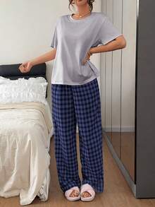 Napfluff Cotton-Like Solid Color Short Sleeve Top & Puff Wrinkle Plaid Print Long Pants Pajama Set - Multicolor - View 6