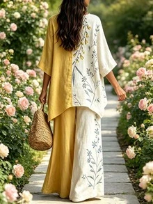 Glimmora Women's Floral Print 3/4 Sleeve Blouse And Wide Leg Pants Casual 2 Pieces Set - Multicolor - View 2