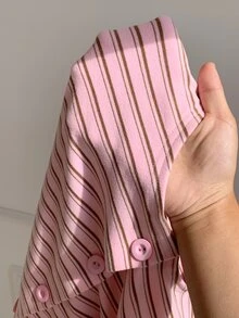 Comfortcana 女款粉色條紋單排扣長袖上衣與休閒短褲2件套居家日常秋季穿搭 - 彩色 - 查看 4