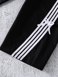 SHEIN Tween Girls Colorblock Striped Bow Decor Pants, Fall, Casual, Back To School, Outfit - Black - View 6