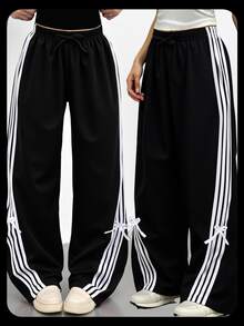SHEIN Tween Girls Colorblock Striped Bow Decor Pants, Fall, Casual, Back To School, Outfit - Black - View 8