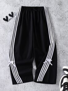SHEIN Tween Girls Colorblock Striped Bow Decor Pants, Fall, Casual, Back To School, Outfit - Black - View 4