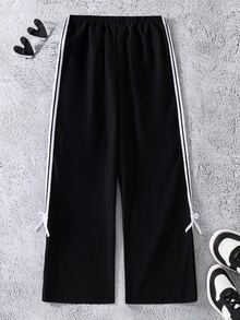 SHEIN Tween Girls Colorblock Striped Bow Decor Pants, Fall, Casual, Back To School, Outfit - Black - View 2