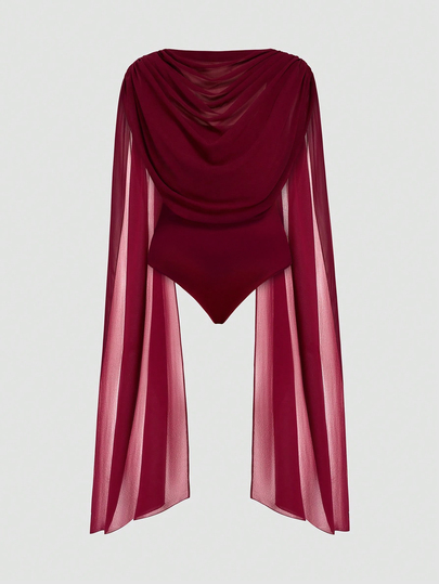 Sweetra Plus Size Women Sexy Unique Versatile Fashion Round Neck Draped Cape Collar Bodysuit, Suitable For Summer, Back To School, Graduation, Holidays, Valentine's Day, Music Festival, Mother's Day, Halloween, Thanksgiving, Easter, National Day, Prom, Date Party, Outings And More