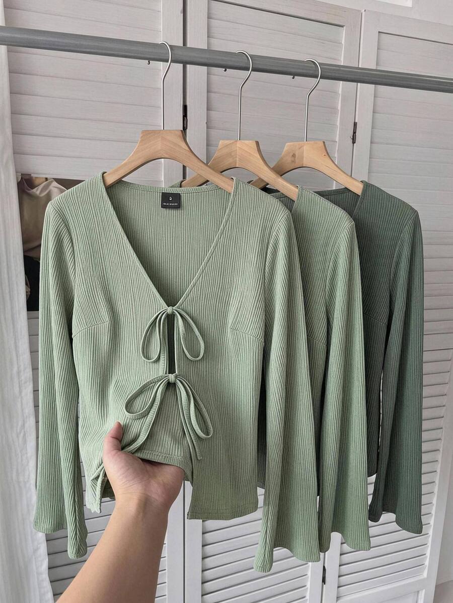 SHEIN LUNE Plus Size Women's Solid Color Bow Tie Front Open Cardigan Top Fall - Green - View 1
