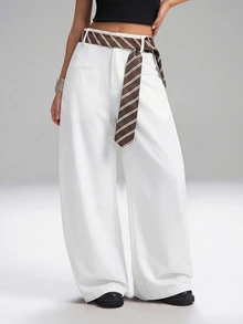 LYSMO Women's Casual White Loose Flare Pants With Striped Belt, Belt Included - White - View 3