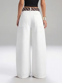 LYSMO Women's Casual White Loose Flare Pants With Striped Belt, Belt Included - White - View 2