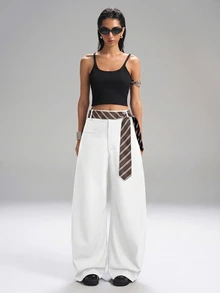 LYSMO Women's Casual White Loose Flare Pants With Striped Belt, Belt Included - White - View 6
