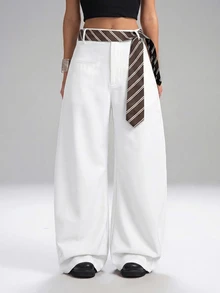LYSMO Women's Casual White Loose Flare Pants With Striped Belt, Belt Included - White - View 4