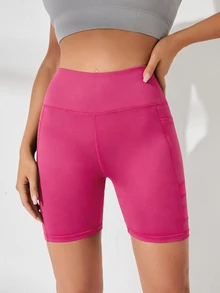 SHEIN Sports 寬腰帶網布拼接運動短褲，附手機口袋 - 玫紅色 - 查看 4
