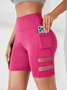 SHEIN Sports 寬腰帶網布拼接運動短褲，附手機口袋 - 玫紅色 - 查看 6