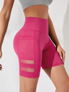 SHEIN Sports 寬腰帶網布拼接運動短褲，附手機口袋 - 玫紅色 - 查看 7
