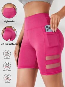 SHEIN Sports 寬腰帶網布拼接運動短褲，附手機口袋 - 玫紅色 - 查看 1