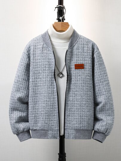 SHEIN Kids Tween Boy Casual Versatile Textured Small Plaid Baseball Jacket, Suitable For Autumn/Winter, School, Family Gatherings, Back To School, Sports, Birthday Parties, Photos, Vacations, Holidays