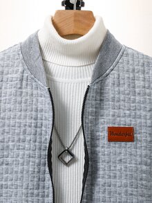 SHEIN 兒童青少年男孩休閒百搭紋理小格紋棒球夾克，適合秋冬、學校、家庭聚會、開學季、運動、生日派對、拍照、度假、節日 - 灰色 - 查看 3