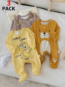 3pcs/Set Summer Autumn/Winter All Season Baby Boy Simple Cute Little Lion Print Long Sleeve Long Footed Romper Loungewear - Multicolor - View 3
