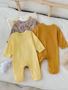 3pcs/Set Summer Autumn/Winter All Season Baby Boy Simple Cute Little Lion Print Long Sleeve Long Footed Romper Loungewear - Multicolor - View 2