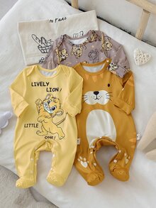 3pcs/Set Summer Autumn/Winter All Season Baby Boy Simple Cute Little Lion Print Long Sleeve Long Footed Romper Loungewear - Multicolor - View 7