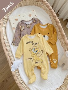 3pcs/Set Summer Autumn/Winter All Season Baby Boy Simple Cute Little Lion Print Long Sleeve Long Footed Romper Loungewear - Multicolor - View 9