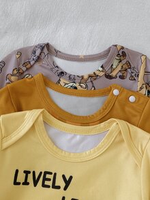 3pcs/Set Summer Autumn/Winter All Season Baby Boy Simple Cute Little Lion Print Long Sleeve Long Footed Romper Loungewear - Multicolor - View 4