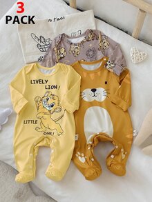 3pcs/Set Summer Autumn/Winter All Season Baby Boy Simple Cute Little Lion Print Long Sleeve Long Footed Romper Loungewear - Multicolor - View 8