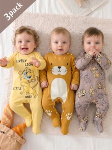 3pcs/Set Summer Autumn/Winter All Season Baby Boy Simple Cute Little Lion Print Long Sleeve Long Footed Romper Loungewear - Multicolor - View 1