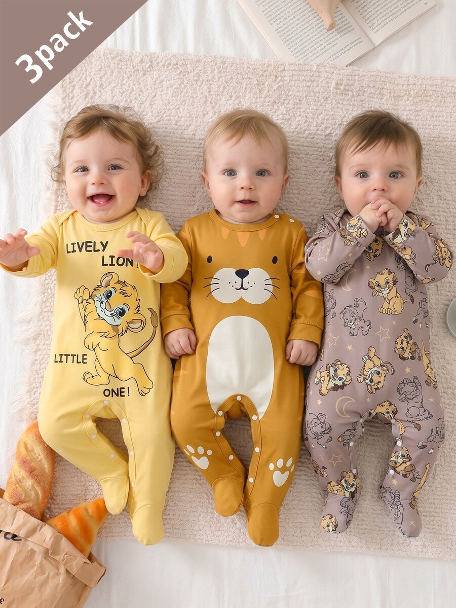 3pcs/Set Summer Autumn/Winter All Season Baby Boy Simple Cute Little Lion Print Long Sleeve Long Footed Romper Loungewear - Multicolor - View 1