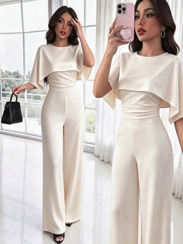 Elenzga Women's French Elegant Apricot Cape-Style Spliced High Waist Wide Leg Jumpsuit