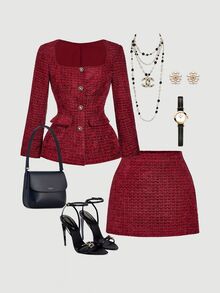SHEIN MOD 2件組 酒紅色粗花呢單排扣方領外套與裙子套裝，商務休閒風 - 酒紅色 - 查看 3