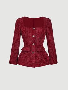 SHEIN MOD 2件組 酒紅色粗花呢單排扣方領外套與裙子套裝，商務休閒風 - 酒紅色 - 查看 7