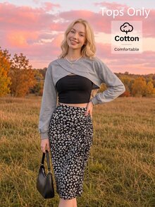 SHEIN MOD Colorblock 2 In 1 Crop Sweatshirt,Long Sleeve Tops In Fall/Winter - Multicolor - View 6