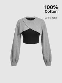 SHEIN MOD Colorblock 2 In 1 Crop Sweatshirt,Long Sleeve Tops In Fall/Winter - Multicolor - View 1