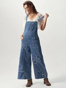 Bohemela 休閒純色梭織丹寧寬鬆水洗女款連身褲 - 藍色 - 查看 5
