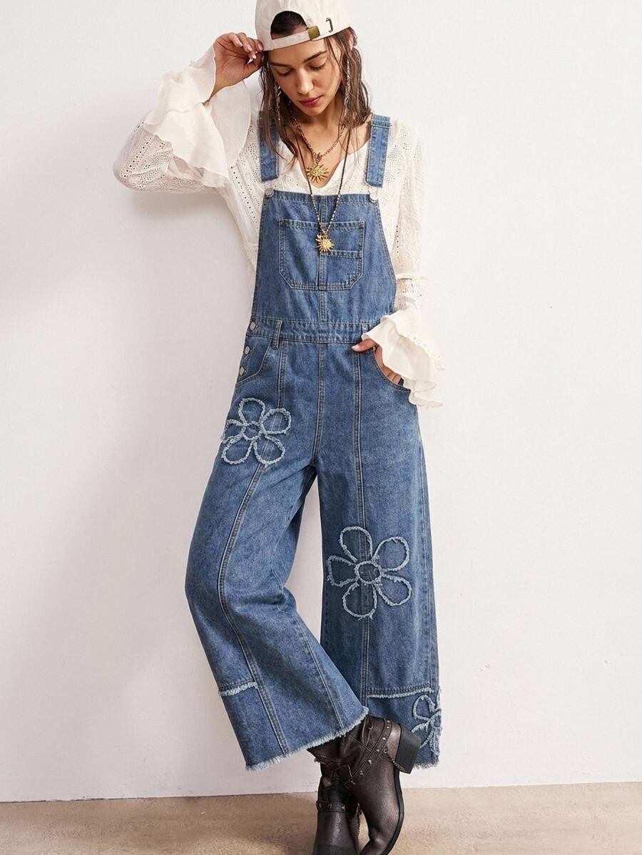 Bohemela Casual Solid Color Woven Denim Loose Washed Women's Jumpsuit - Blue - View 1