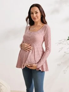 SHEIN 孕婦刺繡鈕扣半開襟長袖休閒哺乳上衣 秋季 - 粉色 - 查看 3