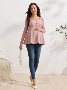 SHEIN 孕婦刺繡鈕扣半開襟長袖休閒哺乳上衣 秋季 - 粉色 - 查看 4