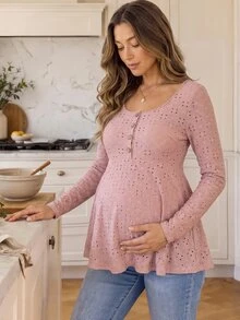 SHEIN 孕婦刺繡鈕扣半開襟長袖休閒哺乳上衣 秋季 - 粉色 - 查看 1