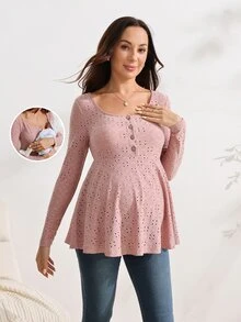 SHEIN 孕婦刺繡鈕扣半開襟長袖休閒哺乳上衣 秋季 - 粉色 - 查看 9