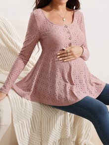 SHEIN 孕婦刺繡鈕扣半開襟長袖休閒哺乳上衣 秋季 - 粉色 - 查看 6