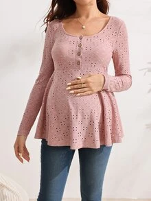 SHEIN 孕婦刺繡鈕扣半開襟長袖休閒哺乳上衣 秋季 - 粉色 - 查看 5