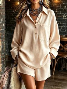 SHEIN Women's Spring Summer Autumn Light Apricot Textured Casual Set, Lapel Half-Button Loose Long Sleeve High Waist Elastic Wide Leg Shorts 2 Pieces Set - Apricot - View 4