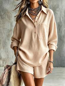 SHEIN Women's Spring Summer Autumn Light Apricot Textured Casual Set, Lapel Half-Button Loose Long Sleeve High Waist Elastic Wide Leg Shorts 2 Pieces Set - Apricot - View 8