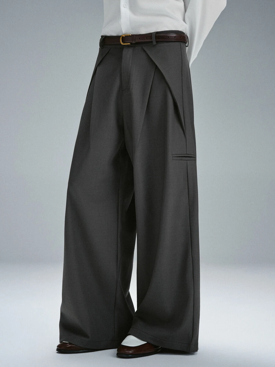 STYNVO Men's Solid Color Pleated Design Wide Leg Loose Pants Office Work Dark Grey Autumn Casual - Grey - View 1