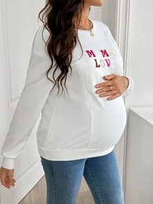 SHEIN ملابس أمومة موضة وظيفية للرضاعة مطرزة بأكمام طويلة سويتشيرت حمل كشف الجنين خريف شتاء أساسي فضفاض للرضاعة باللون الأبيض - أبيض - مشاهدة 4