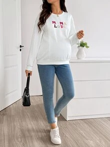 SHEIN ملابس أمومة موضة وظيفية للرضاعة مطرزة بأكمام طويلة سويتشيرت حمل كشف الجنين خريف شتاء أساسي فضفاض للرضاعة باللون الأبيض - أبيض - مشاهدة 7