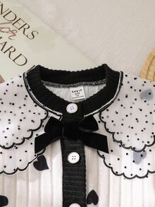 Genkimix Kids 女童甜美黑色愛心圖案米色夾克波點蕾絲彼得潘領軟羅紋針織開襟衫優雅長袖蝴蝶結上衣秋冬款 - 米色 - 查看 5