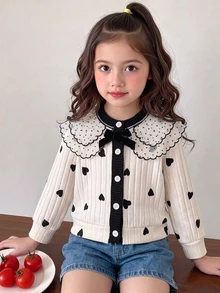 Genkimix Kids 女童甜美黑色愛心圖案米色夾克波點蕾絲彼得潘領軟羅紋針織開襟衫優雅長袖蝴蝶結上衣秋冬款 - 米色 - 查看 7