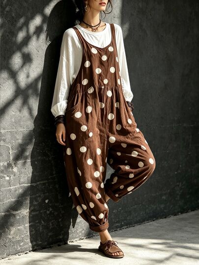 SHEIN Women Vintage Retro Travel Brown And White Polka Dot Loose Sling Overalls With Pockets Casual Baggy Suspender Jumpsuit For Halloween Holiday Summer